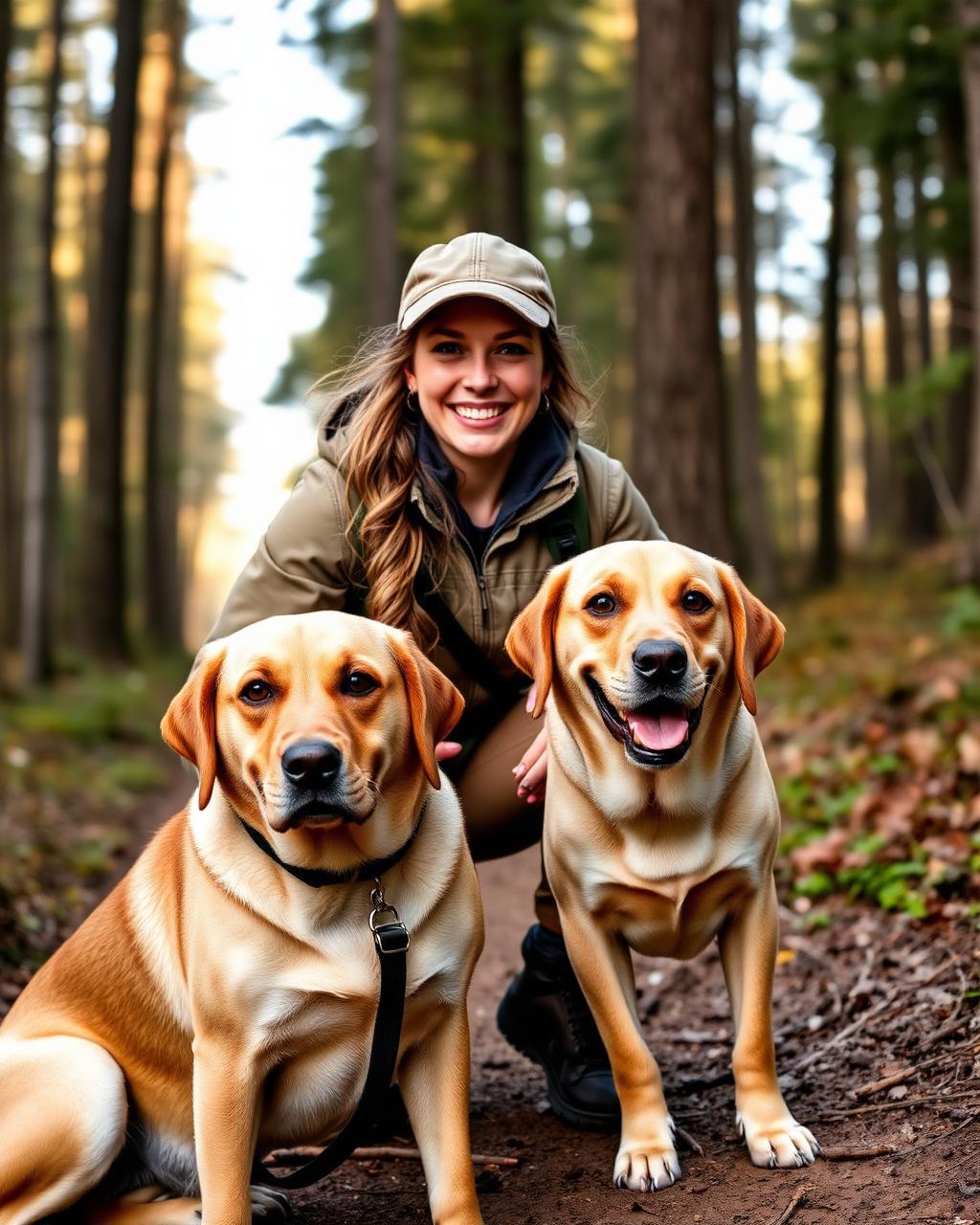 A professional Pawsitive Pulse dog handler kneeling beside two happy labradors on a forest trail