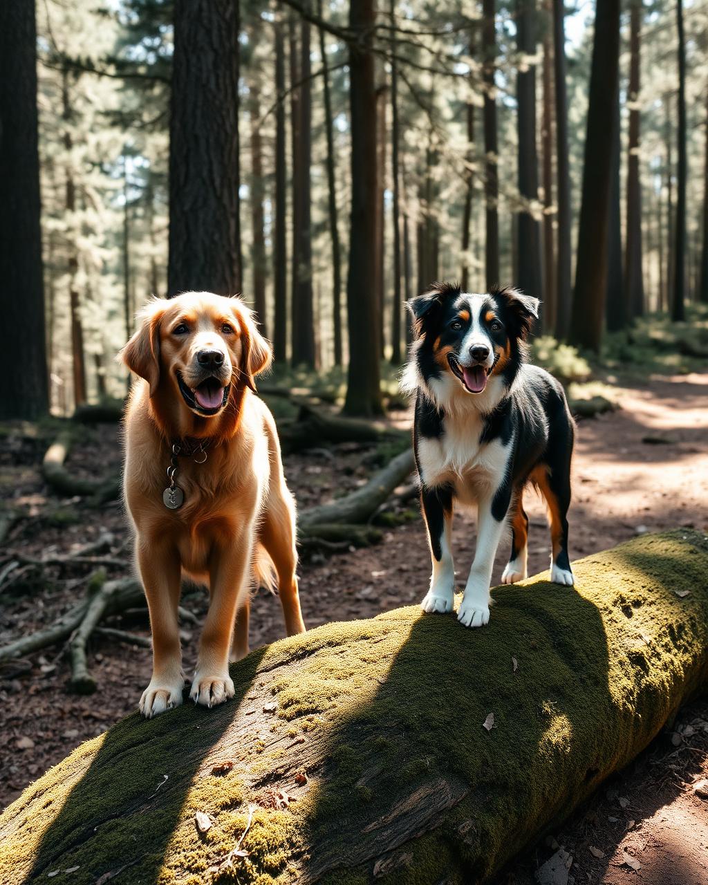 A golden retriever and an Australian shepherd standing on a mossy log in a pine forest