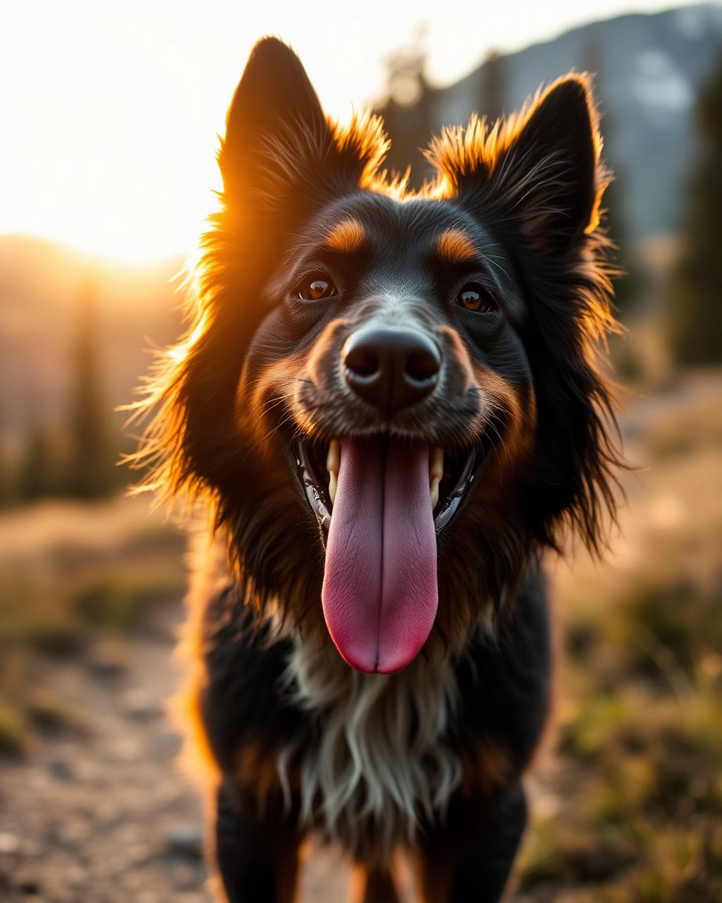 Close-up of a happy dog with tongue out, backlit by golden hour
