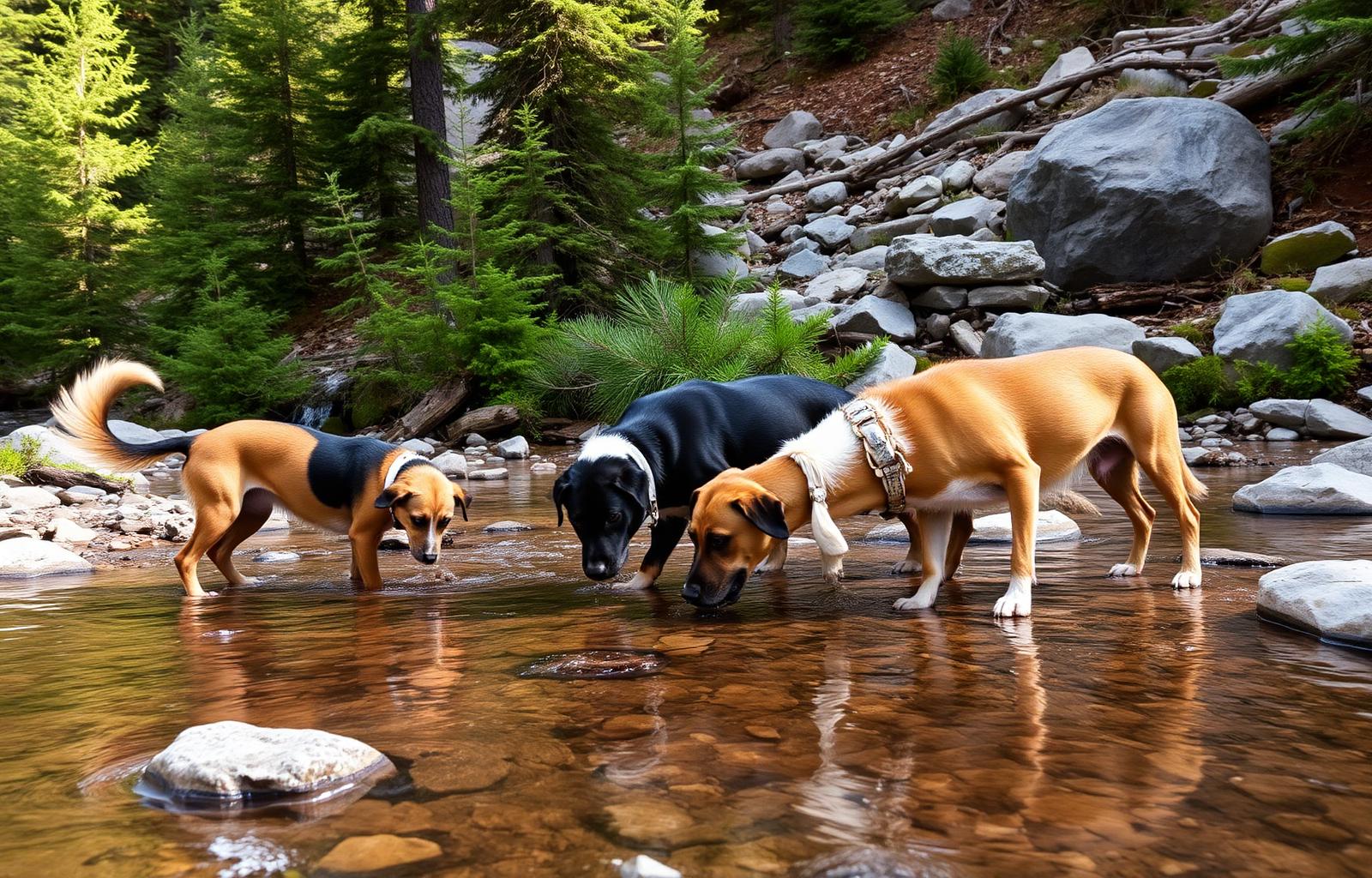 Four dogs drinking from a clear mountain stream surrounded by pine trees